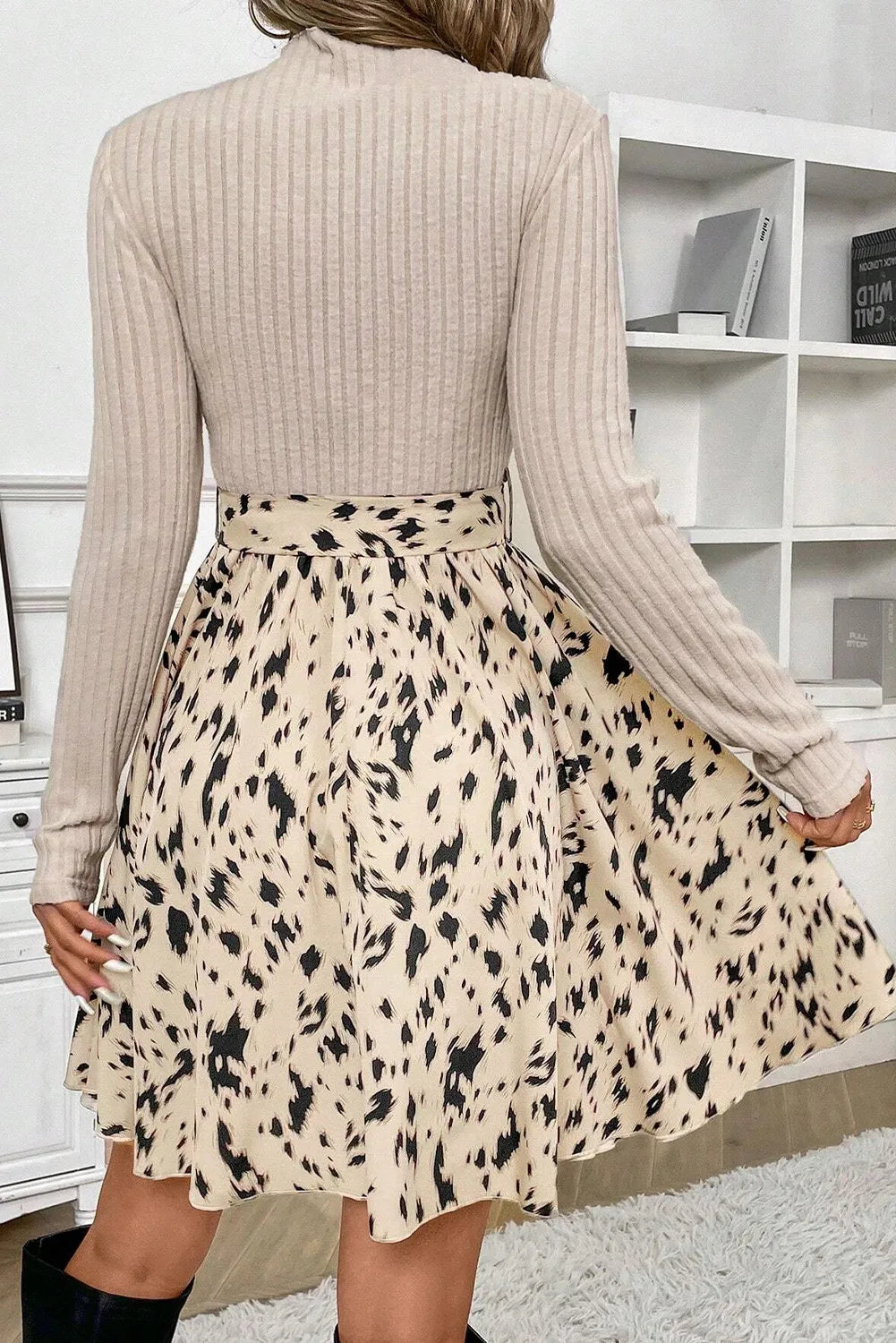 Tied Printed Mock Neck Long Sleeve Dress